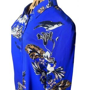 Vila Royal Blue with Birds and Flowers Blouse Size Small